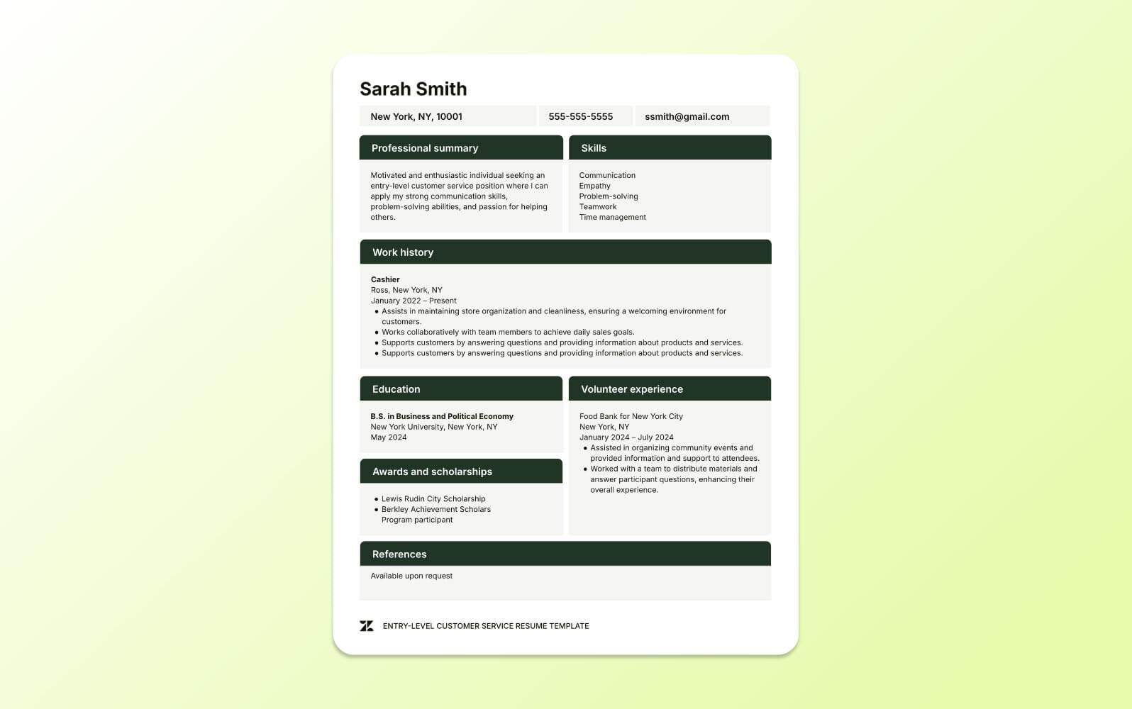 A screenshot of an entry-level customer service resume template, showcasing sections for skills, limited experience, and an objective statement.