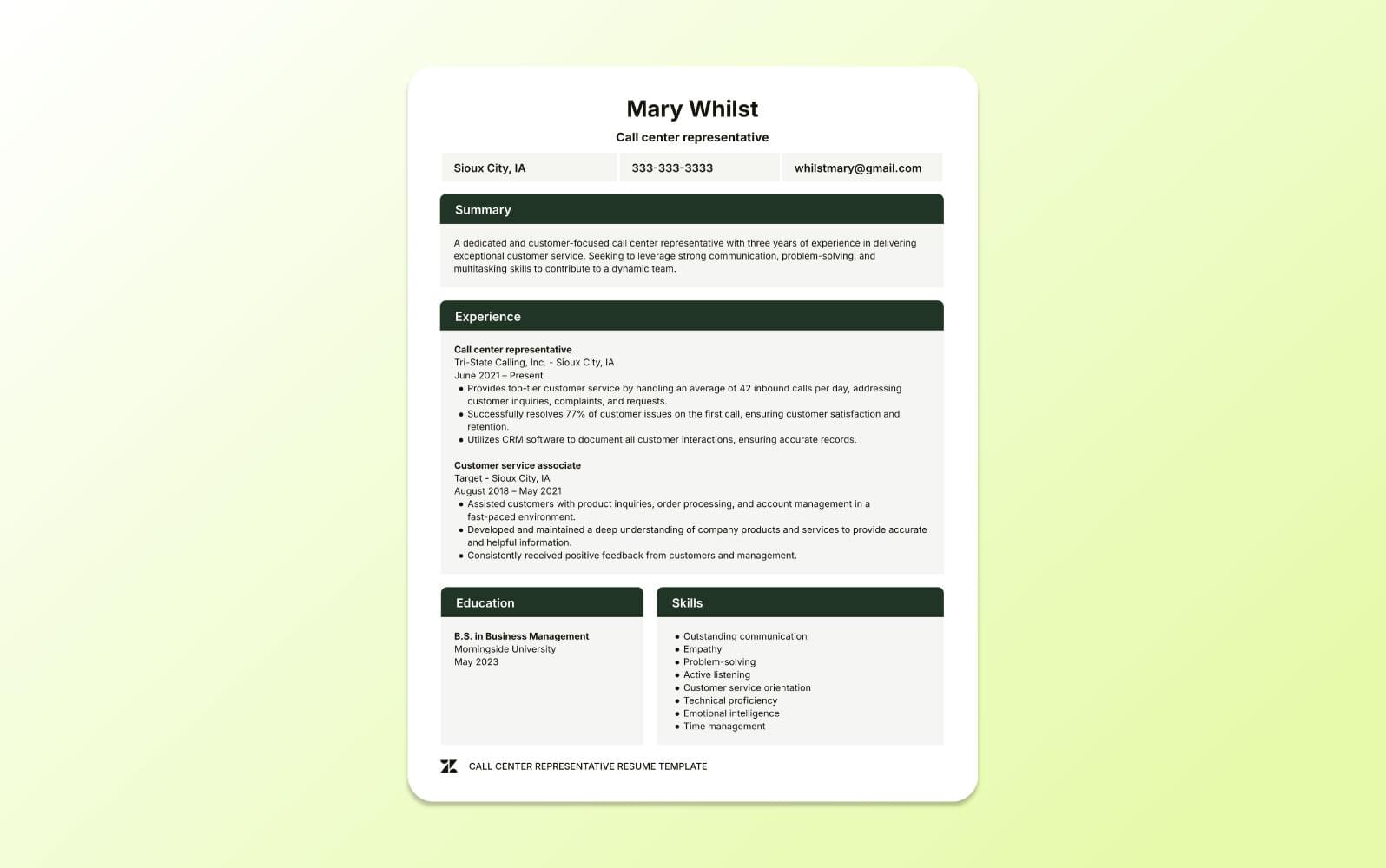 A screenshot of a call centre representative resume template, detailing high-volume call handling, communication skills, and performance metrics
