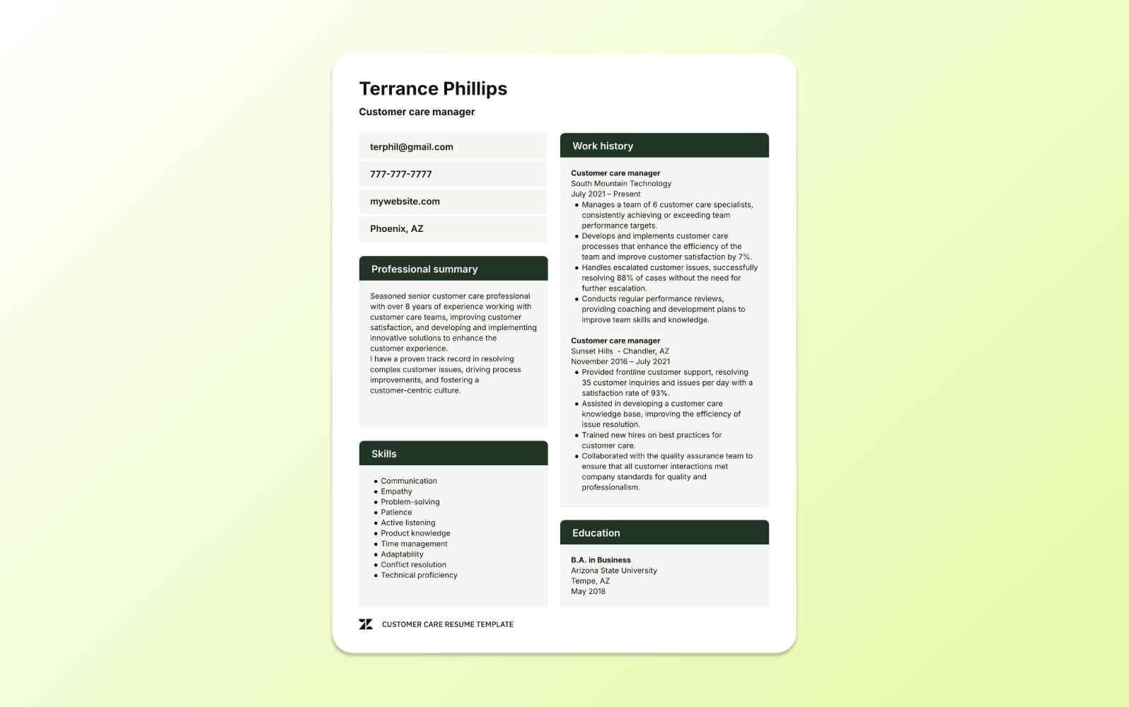 A screenshot of a customer care resume template, emphasizing empathy, conflict resolution, and commitment to positive customer experiences.