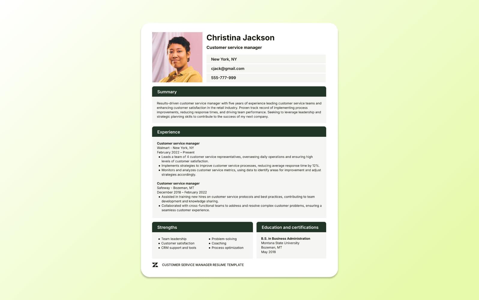 A screenshot of a customer service manager resume featuring sections for leadership roles, team management, and quantifiable operational improvements.