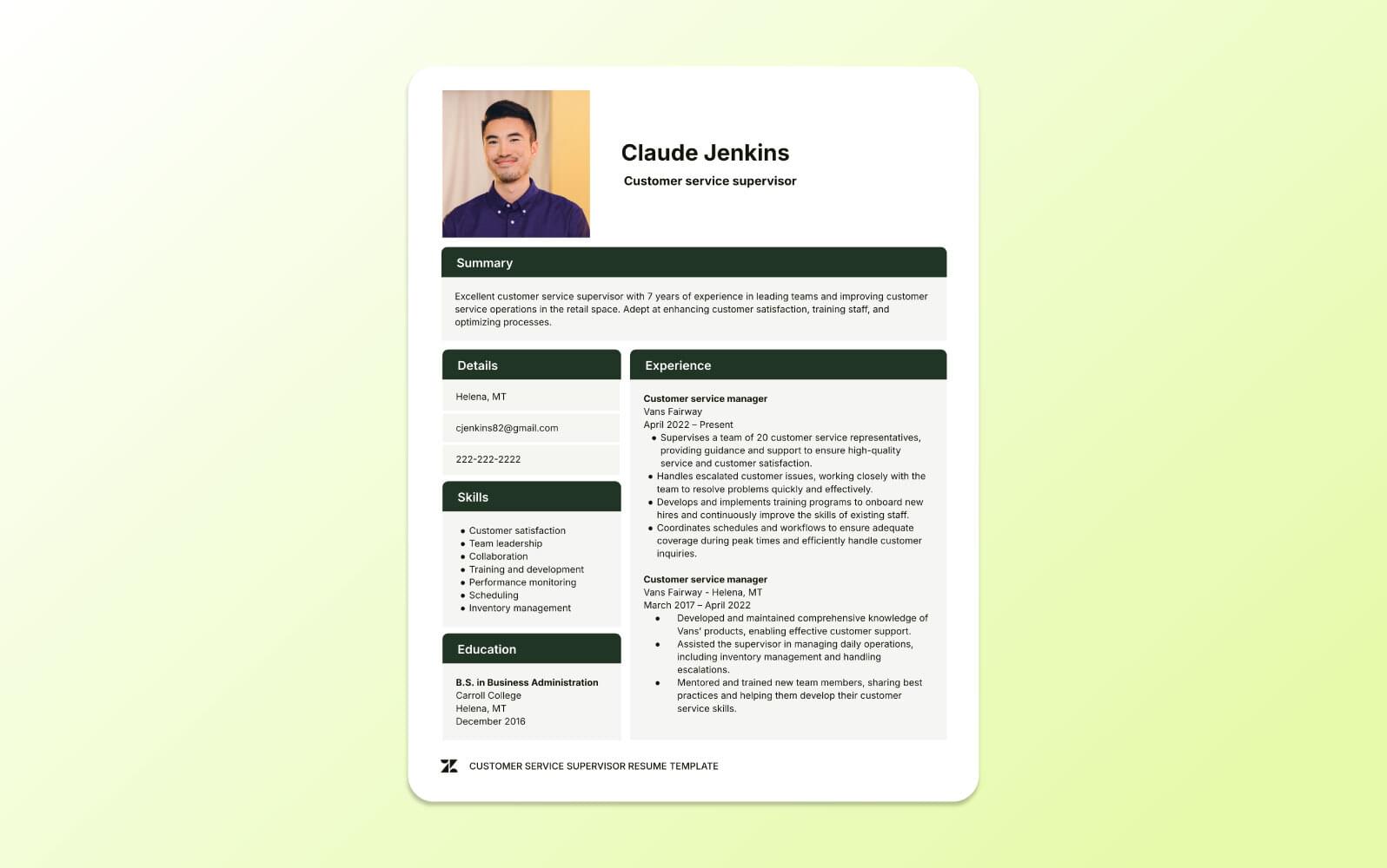 A screenshot of a customer service supervisor resume illustrating team leadership, coaching experience, and operational oversight within a call centre environment.