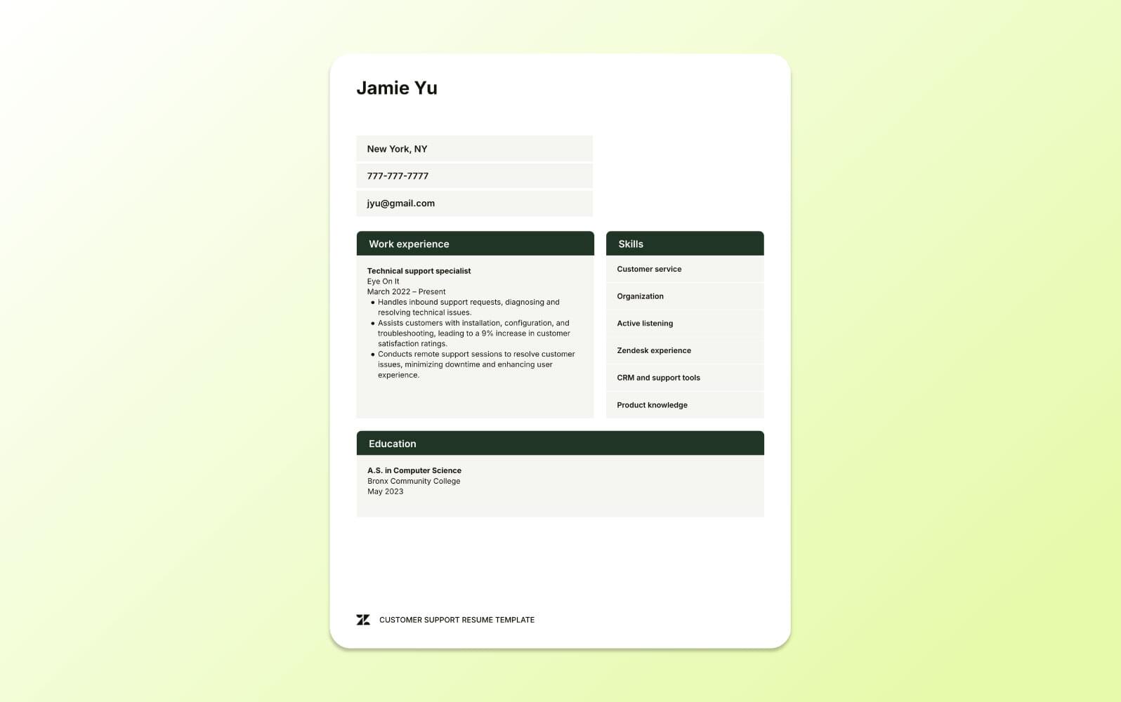 A screenshot of a customer support resume template, emphasizing technical skills, troubleshooting experience, and software proficiency.
