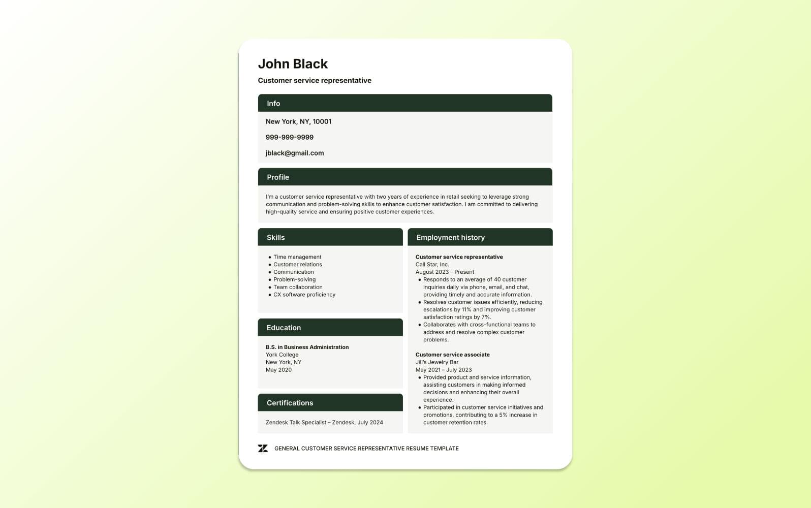 A screenshot of a general customer service representative resume highlighting key achievements, contact information, and relevant work history.