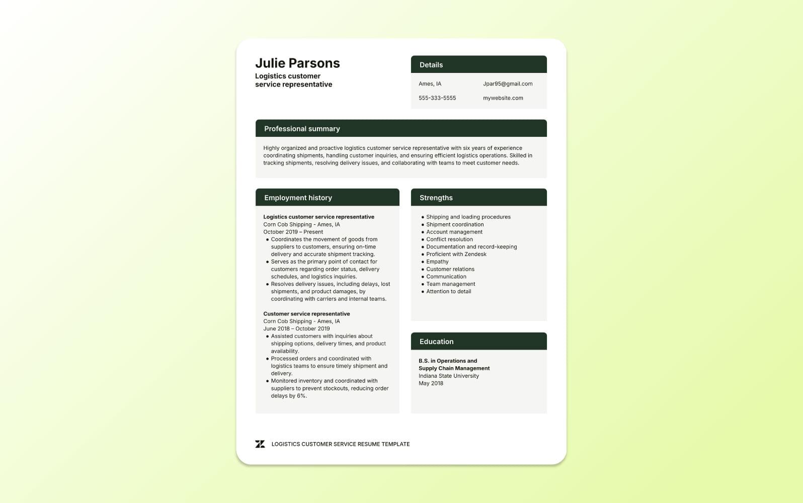 A screenshot of a logistics customer service resume template, focusing on supply chain knowledge, order fulfilment, and coordination skills.
