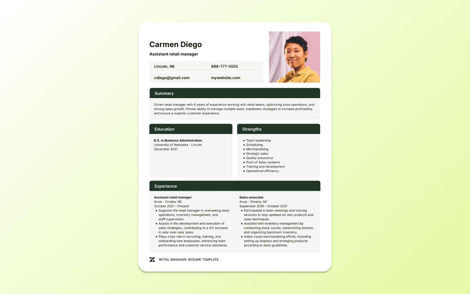 A screenshot of a retail manager resume emphasizing store operations, staff development, and strategic initiatives for sales and customer satisfaction.