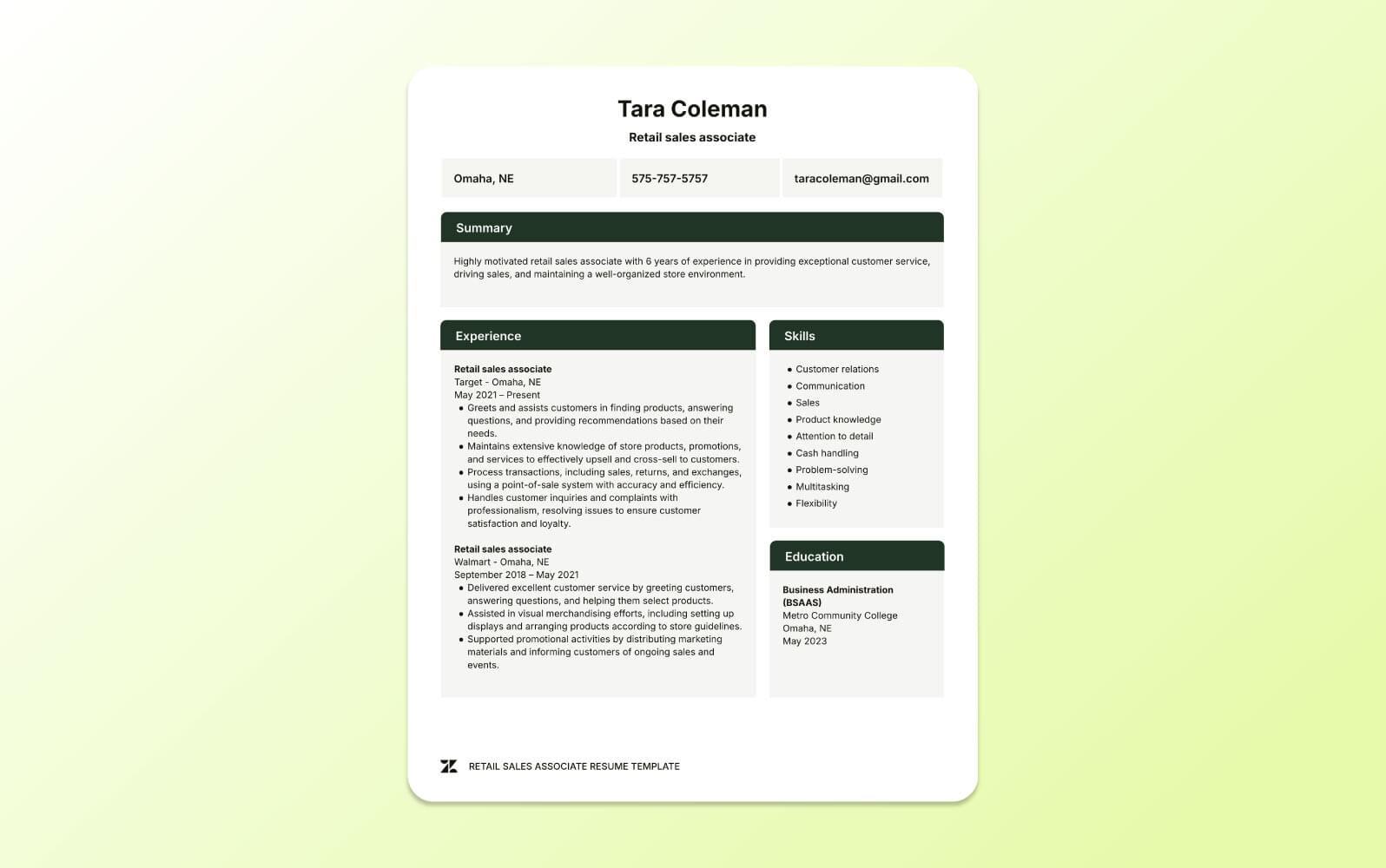 A screenshot of a retail sales associate resume showcasing sales achievements, customer engagement, and experience in various retail environments.