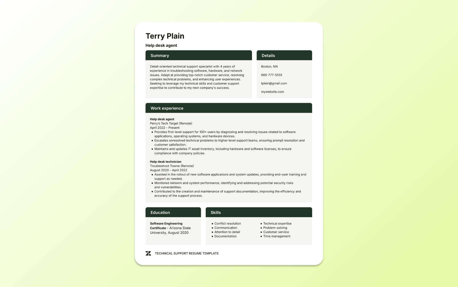 A screenshot of a technical support customer service resume template, detailing technical proficiencies, problem-solving abilities, and service desk experience.