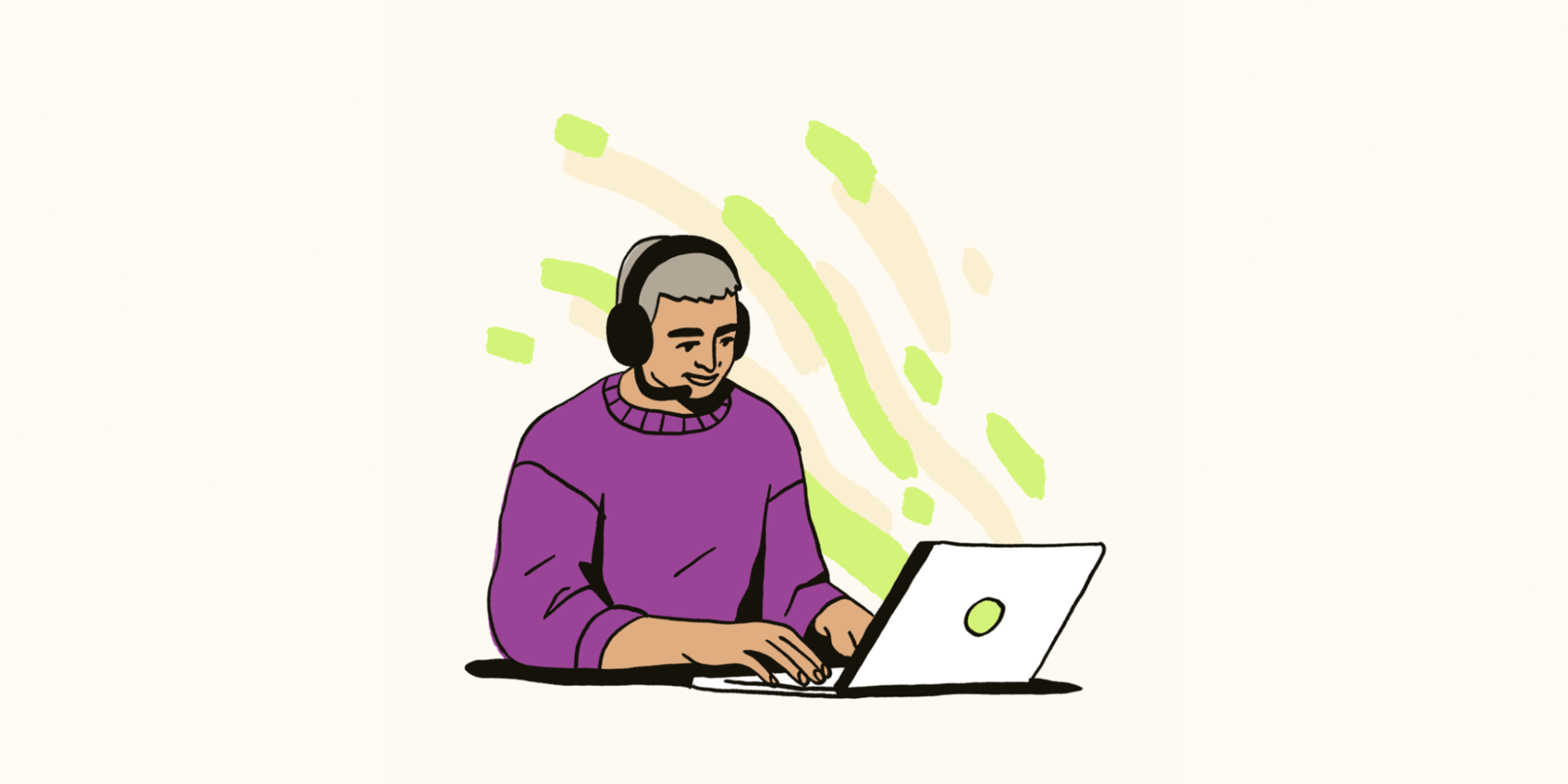 An illustration depicts a support agent using a laptop to configure a chatbot persona for his business.
